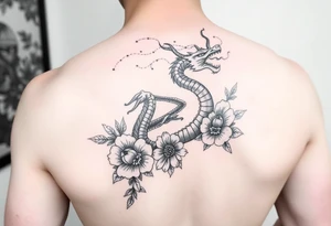 femanine dragon surrounded by floral tattoo idea