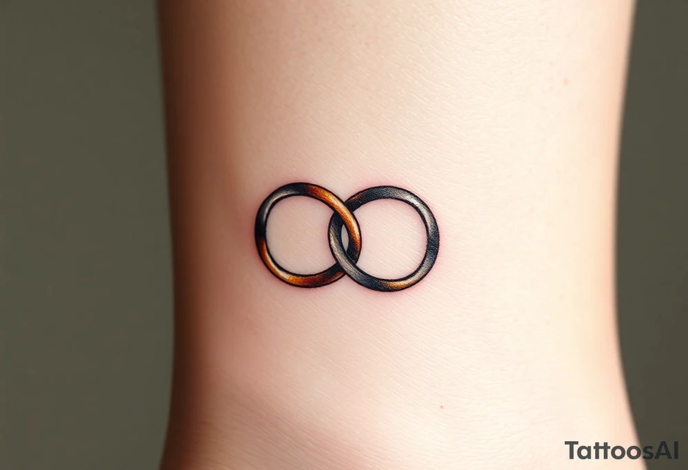 A delicate infinity symbol made of interlocking wedding rings, with soft metallic gold and silver tones tattoo idea