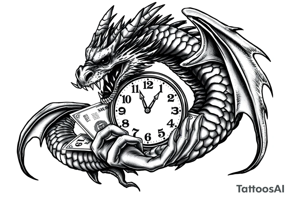 Horror dragon tattoo with clock, dollars and palm on background tattoo idea