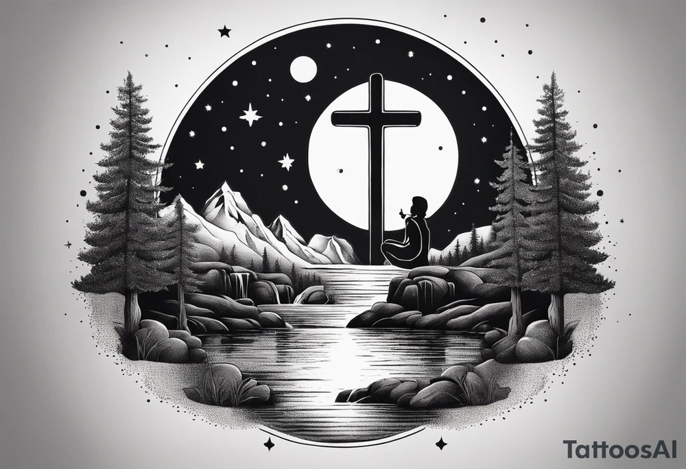 a family of three sitting in a nature with mountains, waterfall, water, and a cross in the background and and moon in the sky with stars tattoo idea