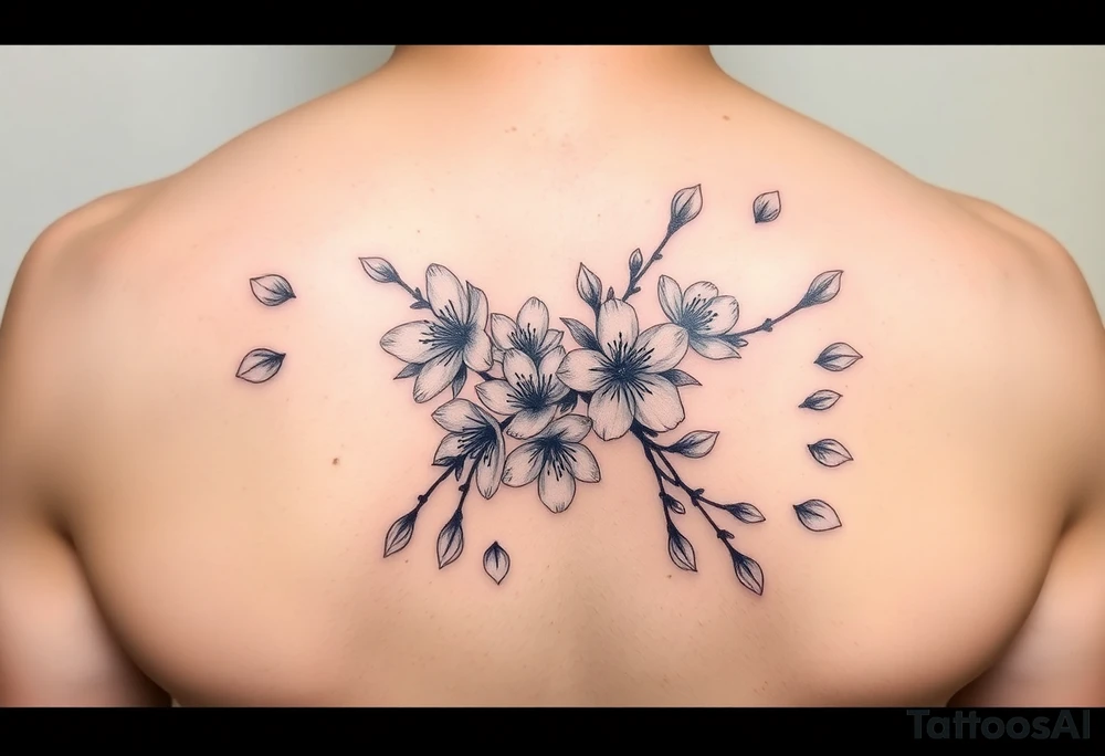 delicate cherry blossoms swirling in spring breeze with petals tattoo idea