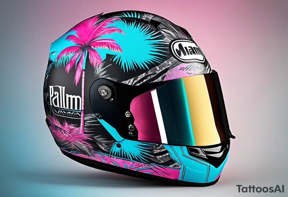 Formula 1 helment with the Miami name a palm tree and light blue black and pink colors 3/4 view tattoo idea