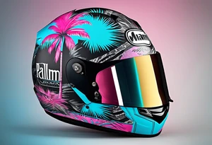 Formula 1 helment with the Miami name a palm tree and light blue black and pink colors 3/4 view tattoo idea