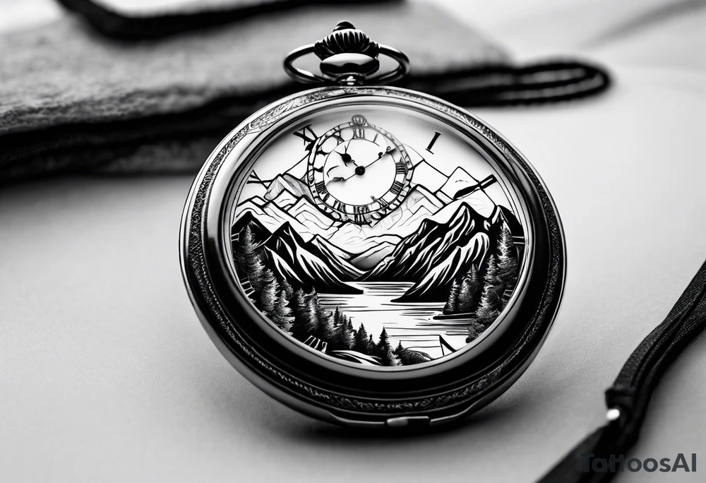 Pocket watch with mountains tattoo idea