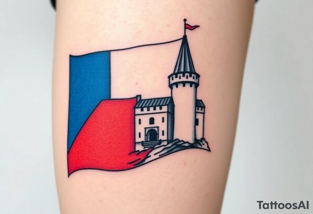 A Czech flag (blue, white up, red down) waving behind a medieval castle tattoo idea