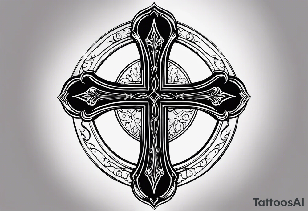 Tattoo: A refined cross with a soft halo on top of it, symbolizing light and spirituality. Delicate rays extend outward from the halo, adding a subtle glow and depth. The cross itself is simple and elegant, with potential for small, intricate line details within the design. tattoo idea