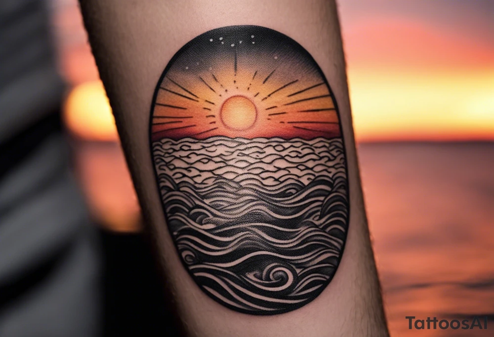 Sunset from the perspective of being on a boat on the ocean. The waves are very calm and there is no land in site. There are slight reflections of the sun on the water. The tattoo will be in landscape orientation on the forearm, rought 3 inches wide and 2 inches tall. The style is incredibly minimal and simple. Mostly black with small splashes of color from the sun. There are no other objects in the tattoo besides the sun, water, and maybe some clouds and a bird or two, tattoo idea