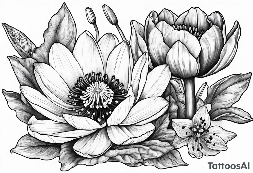 Poppy, water lily, Lily of the valley, daffodil, cosmo flower bouquet tattoo idea