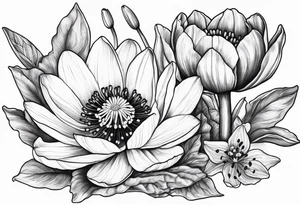 Poppy, water lily, Lily of the valley, daffodil, cosmo flower bouquet tattoo idea