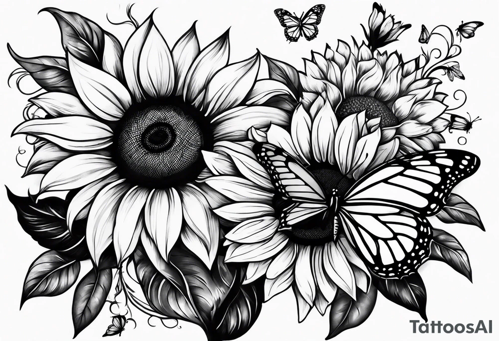Arm sleeve with sunflowers and butterflies tattoo idea
