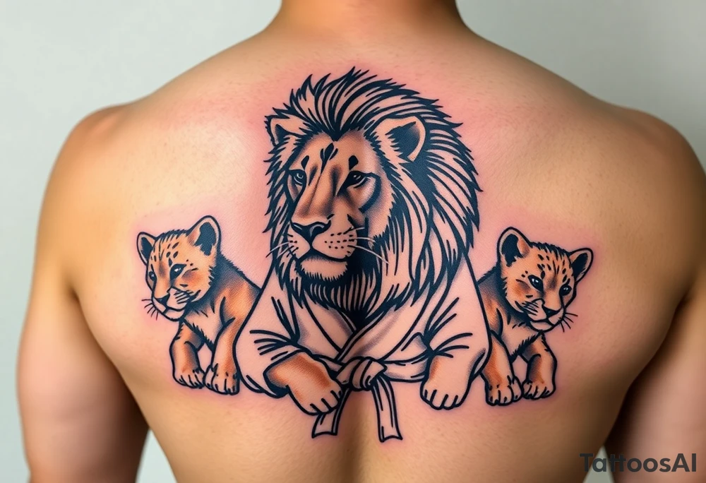 Lion wearing a Brazilian jiu jitsu gi as a person would along side his two cubs who are wearing the same attire. The surrounding area is the sarenghetti tattoo idea