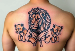 Lion wearing a Brazilian jiu jitsu gi as a person would along side his two cubs who are wearing the same attire. The surrounding area is the sarenghetti tattoo idea