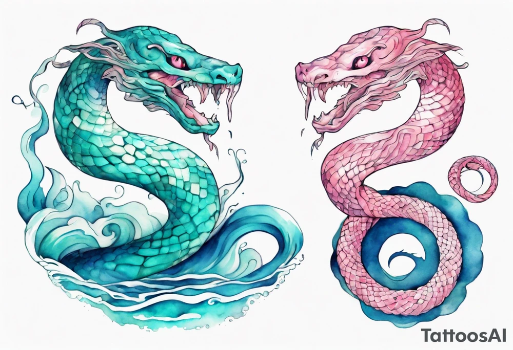 a pretty turquoise pink and white serpent rising from the blue waves of the ocean tattoo idea
