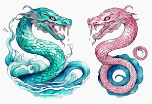 a pretty turquoise pink and white serpent rising from the blue waves of the ocean tattoo idea