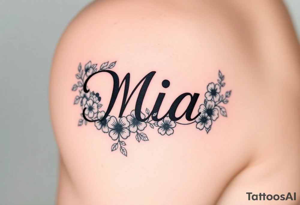 The name Mia, surrounded by flowers and shamrocks tattoo idea