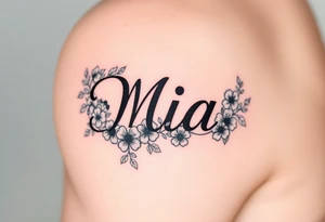 The name Mia, surrounded by flowers and shamrocks tattoo idea