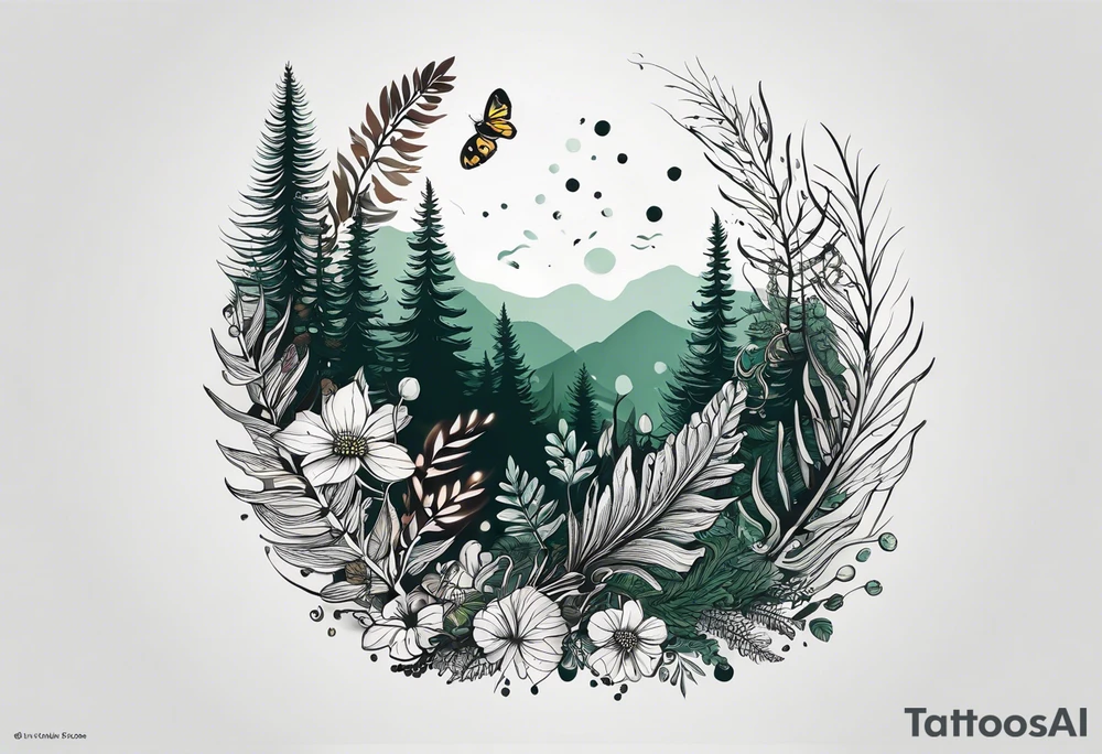 forest floor inspired minimalist tattoo, which includes grass, curly ferns, moss and dead leaves as the bulk of the tattoo. details to include: forest berries, a tiny bumblebee flying nearby, three small brown mushrooms
Generate a vertically long one tattoo idea