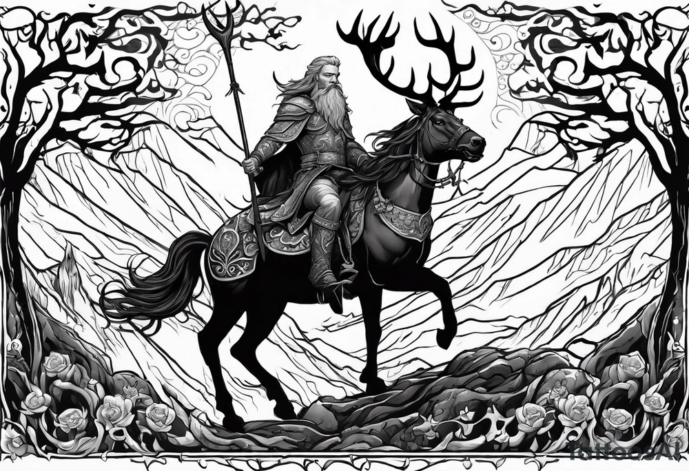 Nordic god Balder in the land of the dead riding on an undead stag tattoo idea