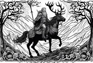 Nordic god Balder in the land of the dead riding on an undead stag tattoo idea