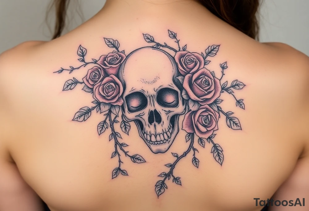 gothic skull intertwined with climbing roses and thorny vines tattoo idea
