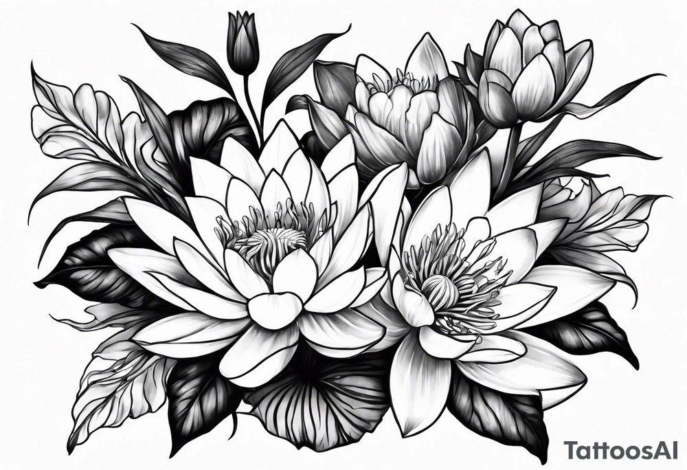 Larkspur and water lily bouquet with stems tattoo idea
