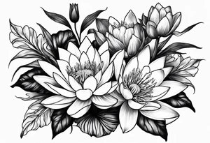 Larkspur and water lily bouquet with stems tattoo idea