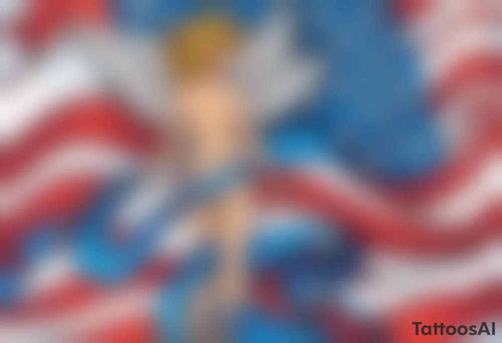 Blue colon cancer ribbon with angel winds and American flag blend in tattoo idea