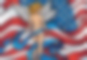 Blue colon cancer ribbon with angel winds and American flag blend in tattoo idea