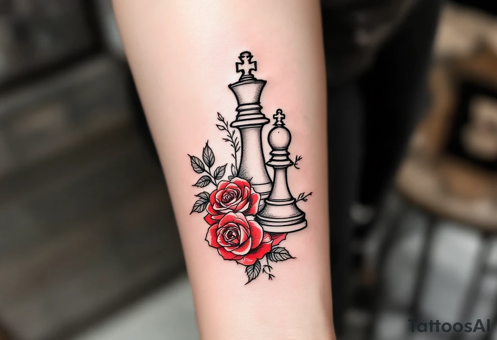 A fine-line black and gray tattoo of a chess king and queen piece intertwined with red roses. tattoo idea