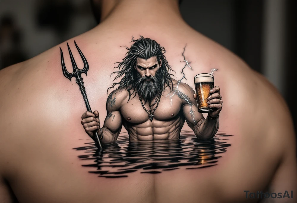 young, fit poseidon in calm water, holding a trident, holding a beer, with lightning tattoo idea