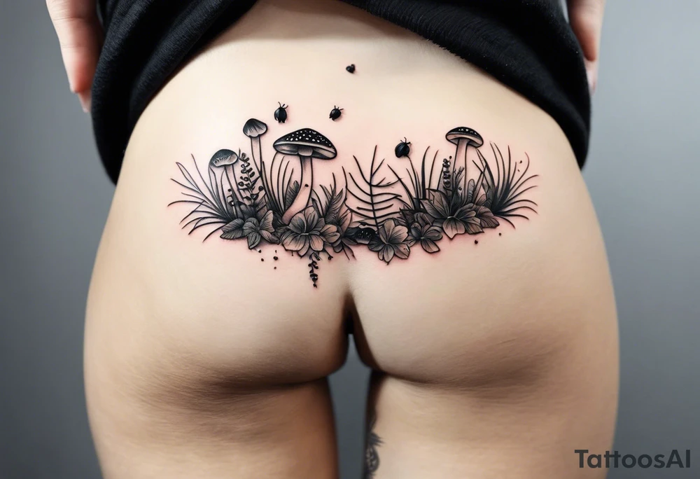 minimalistic forest floor inspired tattoo, which includes grass, curly ferns and dead leaves as the bulk of the tattoo. details to include: three  tiny strawberries, couple of very small mushrooms, a tiny bumblebee flying nearby tattoo idea