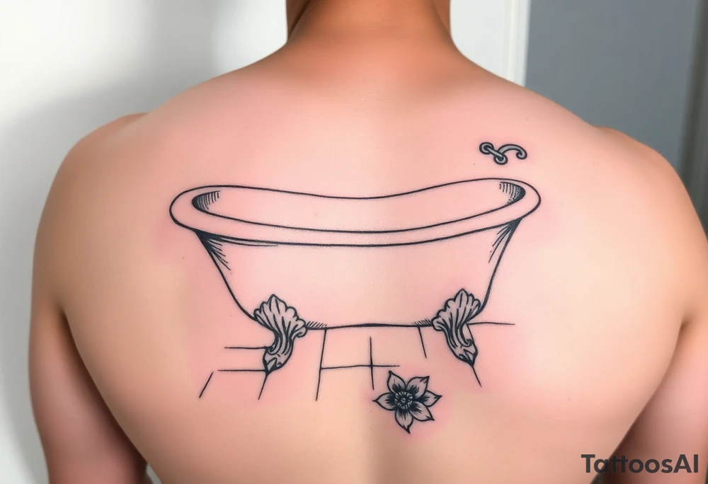 clawfoot bathtub with visible tile bathroom floor and a flower on the floor tattoo idea