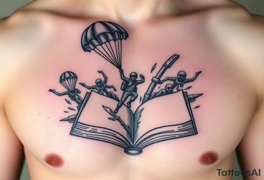 A parachuting soldier landing into an open book. Chaos surrounding, but the book is protecting the soldier from it. On the chest. Make the tattoo smaller. Make it thought provoking. Make the chaos in the environment be an eerie mist. Make the pages in the book be blank and the book be decorated tattoo idea