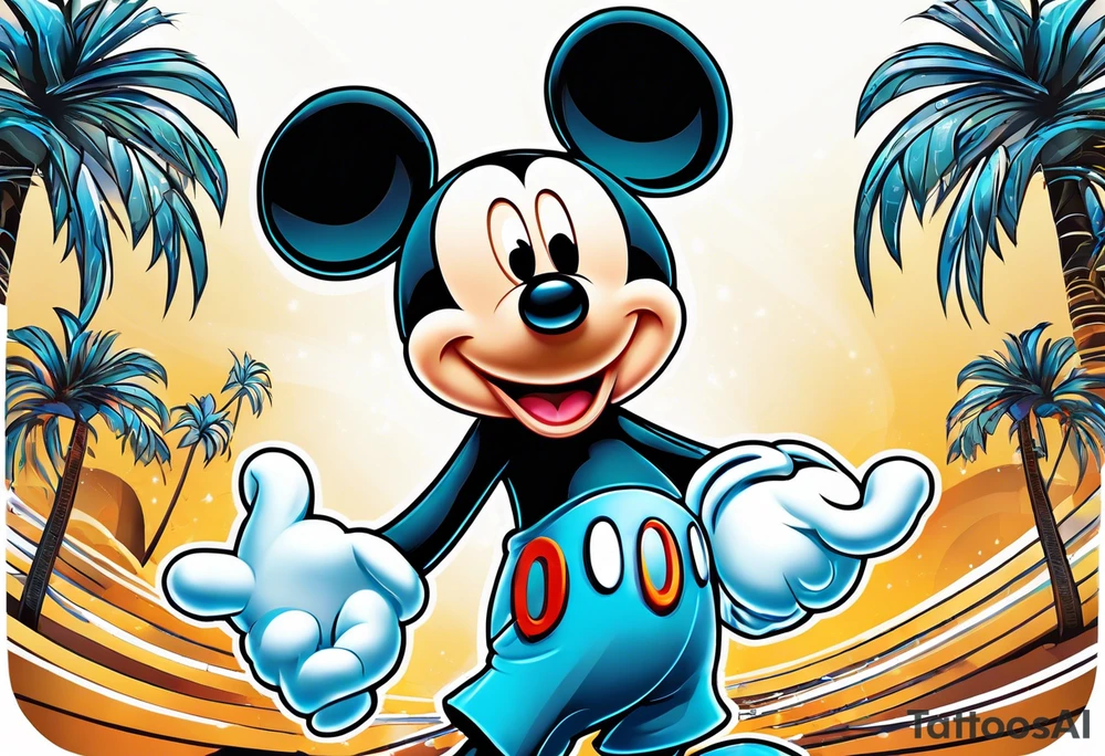 mickey mouse with palm trees looking like tron character tattoo idea