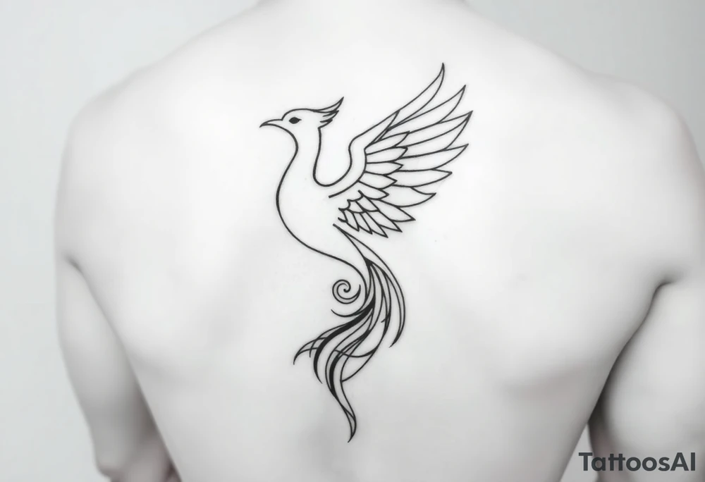 Geometric minimalist phoenix rising from its ashes, wings blending seamlessly into a Fibonacci spiral. Thin black line art, sharp and elegant symmetry, balance of chaos and order. Represents evolution, divine growth, and transformation through struggle. No shading, just clean vector geometry. tattoo idea
