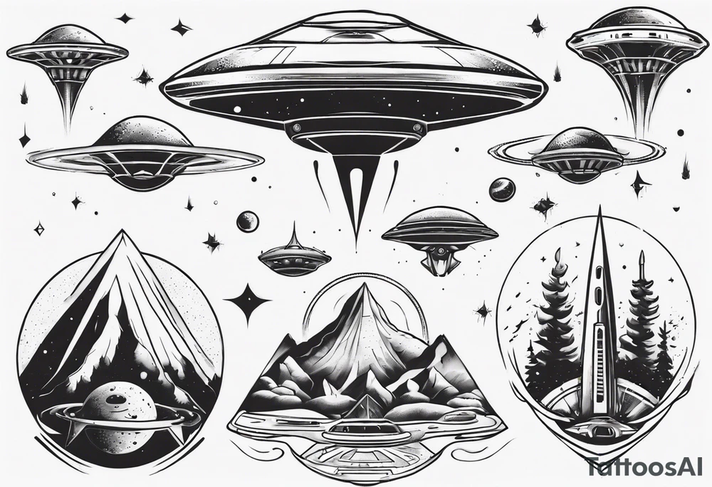 alien/ufo scene for a leg sleeve tattoo tattoo idea