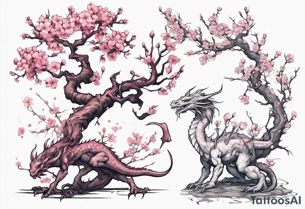 skinny tree brand with small cherry blossom flowers. Small fantasy dragon perched on branch. tattoo idea