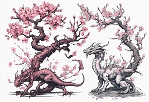 skinny tree brand with small cherry blossom flowers. Small fantasy dragon perched on branch. tattoo idea