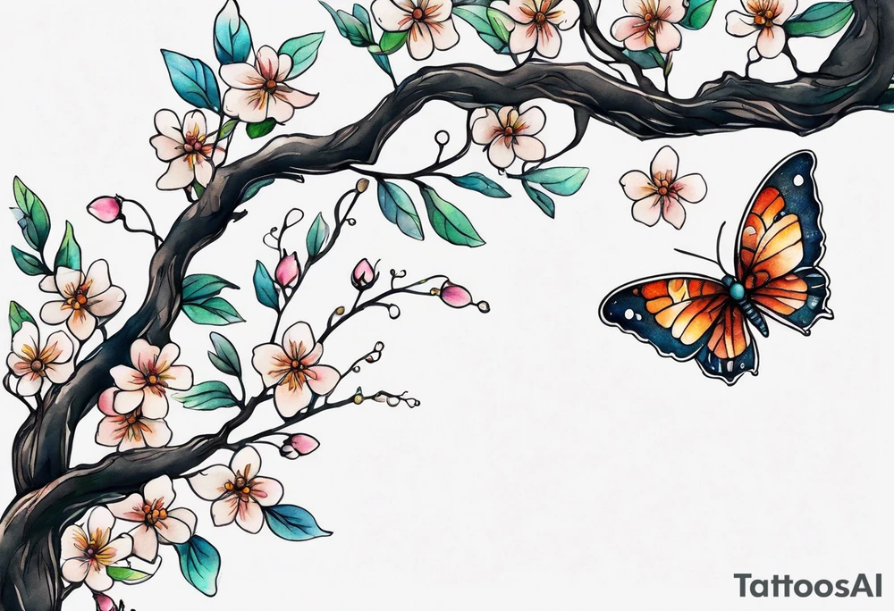 Winding branches and leaves and tiny flowers with a small moth tattoo idea