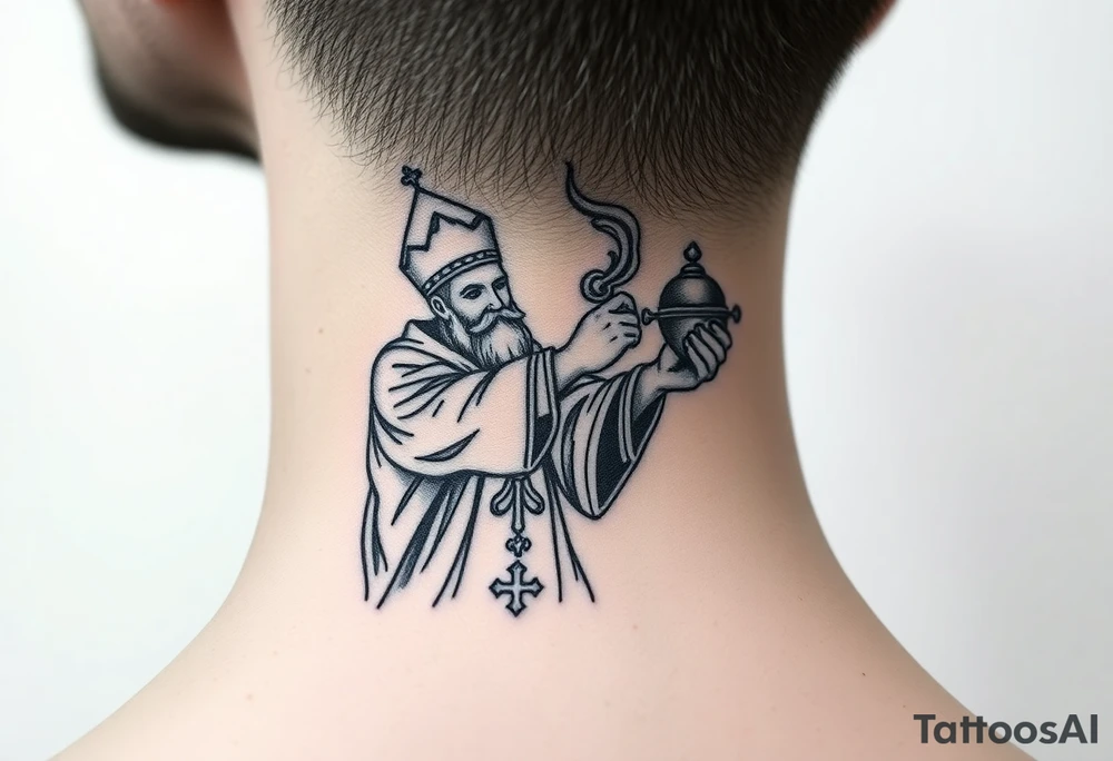 A Russian Orthodox Priest in full gold vestments swinging a censer with smoke curling upward tattoo idea