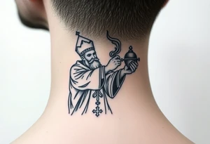 A Russian Orthodox Priest in full gold vestments swinging a censer with smoke curling upward tattoo idea