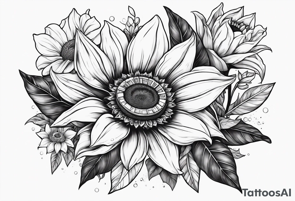 Small cluster containing a sunflower, lily, pot leaf, and a jewel tattoo idea