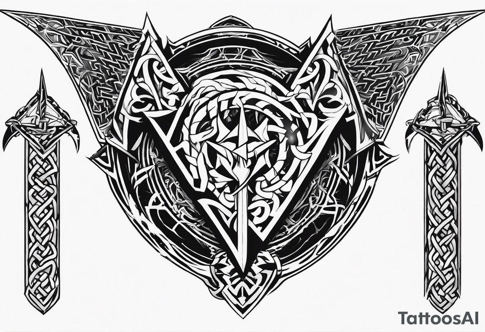 Valhalla sword shield dragon axe Valknut barbed wire chains tribal tattoo idea