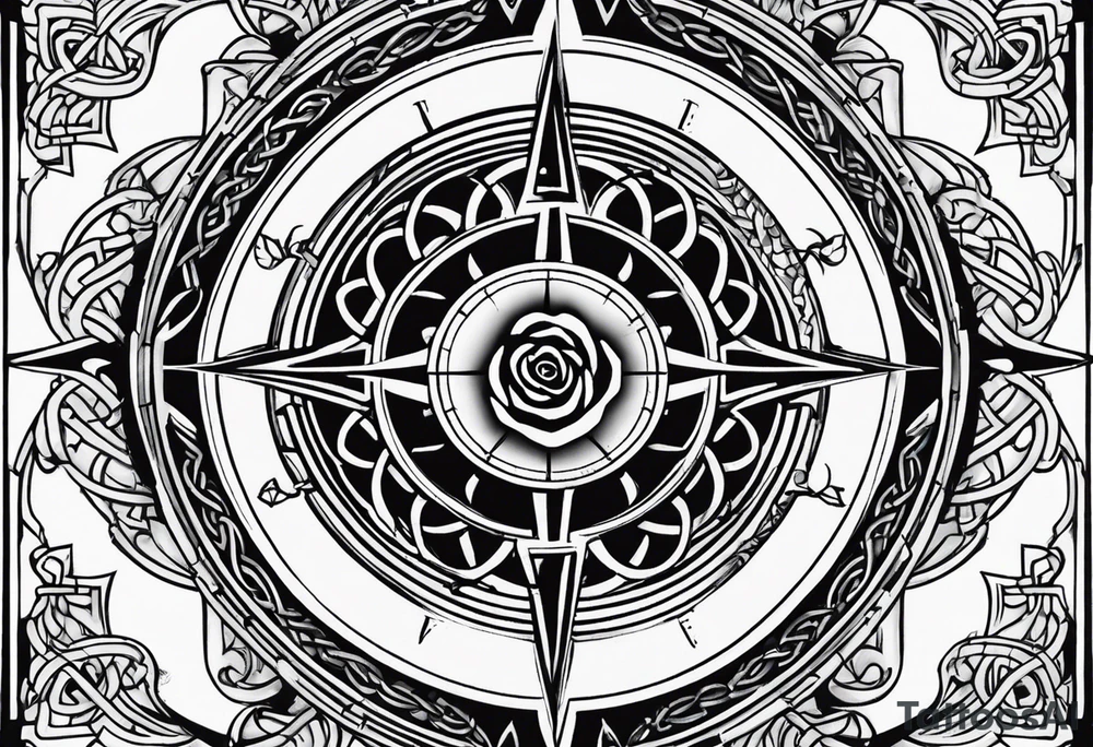 A rose compass with a labyrinth on the inside and to Celtic swords going through the center of the rose compass tattoo idea