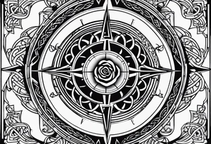 A rose compass with a labyrinth on the inside and to Celtic swords going through the center of the rose compass tattoo idea