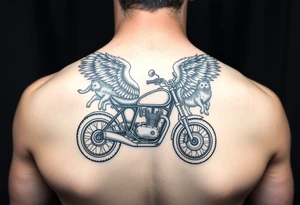 a motorcycle on it with guardian angel wolves on the bike tattoo idea