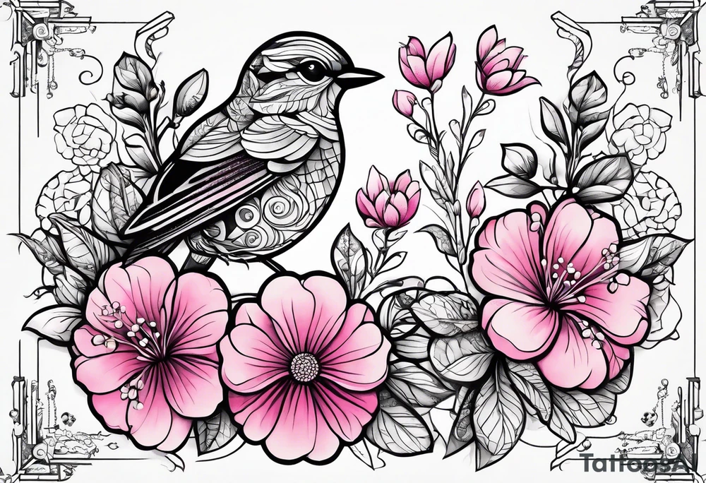 Small Pink flowers with decorative dott pattern, a bird and libra tattoo idea