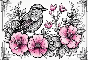 Small Pink flowers with decorative dott pattern, a bird and libra tattoo idea