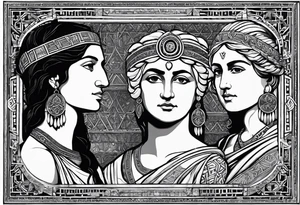 three greek people side by side. a really really young Daughter on the left, mother in the middle, really really old grandmother on the right. greater age difference, in an artfully decorated frame tattoo idea