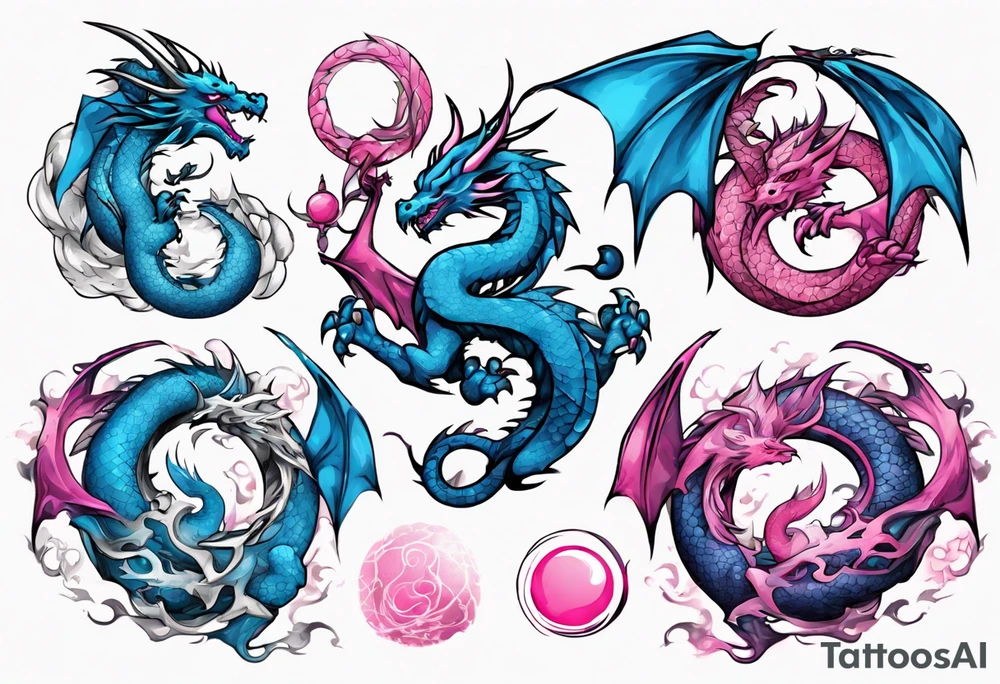 blue ying pink yang dragon stones tattoo idea